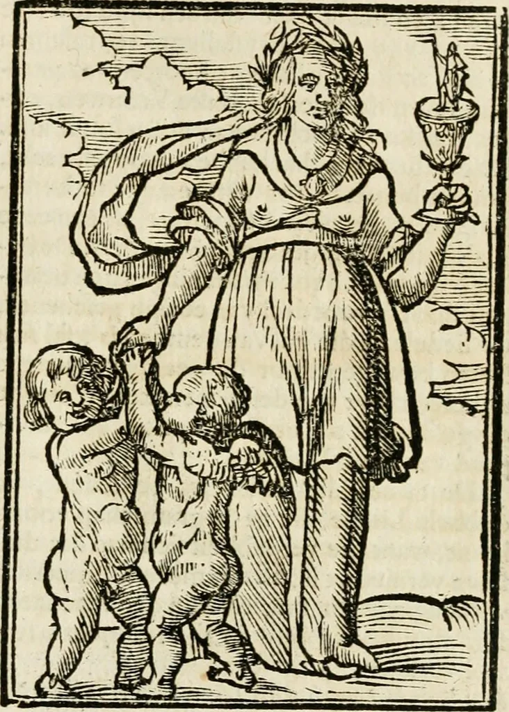 An illustration from Iconologia, of, Uytbeeldingen des verstands : waer in verscheiden afbeeldingen van deughden, ondeughden, genegentheden, menschlijcke hertztochten, konsten, leeringen, sinlijckheden, elementen, hemelsche lichamen, landschappen van Italien, revieren van alle deelen des werrelts, en alle andere ontallijcke stoffen, met hare verklaringen, werden verhandelt : een werck dat dienstigh is, allen reedenaers, poëten, schilders, beeldhouwers, teyckenaers, en alle andere konstbeminders en liefhebbers der geleertheyt en eerlijcke wetenschappen ..., 1644, leaf 550