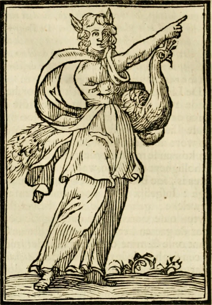 An illustration from Iconologia, of, Uytbeeldingen des verstands : waer in verscheiden afbeeldingen van deughden, ondeughden, genegentheden, menschlijcke hertztochten, konsten, leeringen, sinlijckheden, elementen, hemelsche lichamen, landschappen van Italien, revieren van alle deelen des werrelts, en alle andere ontallijcke stoffen, met hare verklaringen, werden verhandelt : een werck dat dienstigh is, allen reedenaers, poëten, schilders, beeldhouwers, teyckenaers, en alle andere konstbeminders en liefhebbers der geleertheyt en eerlijcke wetenschappen ..., 1644, leaf 563