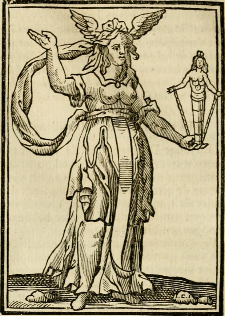 An illustration from Iconologia, of, Uytbeeldingen des verstands : waer in verscheiden afbeeldingen van deughden, ondeughden, genegentheden, menschlijcke hertztochten, konsten, leeringen, sinlijckheden, elementen, hemelsche lichamen, landschappen van Italien, revieren van alle deelen des werrelts, en alle andere ontallijcke stoffen, met hare verklaringen, werden verhandelt : een werck dat dienstigh is, allen reedenaers, poëten, schilders, beeldhouwers, teyckenaers, en alle andere konstbeminders en liefhebbers der geleertheyt en eerlijcke wetenschappen ..., 1644, leaf 571