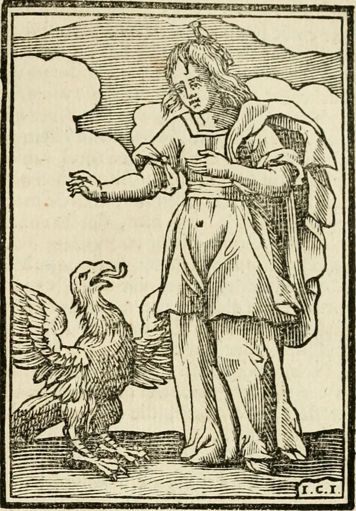 An illustration from Iconologia, of, Uytbeeldingen des verstands : waer in verscheiden afbeeldingen van deughden, ondeughden, genegentheden, menschlijcke hertztochten, konsten, leeringen, sinlijckheden, elementen, hemelsche lichamen, landschappen van Italien, revieren van alle deelen des werrelts, en alle andere ontallijcke stoffen, met hare verklaringen, werden verhandelt : een werck dat dienstigh is, allen reedenaers, poëten, schilders, beeldhouwers, teyckenaers, en alle andere konstbeminders en liefhebbers der geleertheyt en eerlijcke wetenschappen ..., 1644, leaf 582