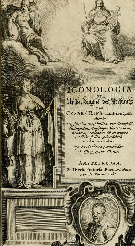 An illustration from Iconologia, of, Uytbeeldingen des verstands : waer in verscheiden afbeeldingen van deughden, ondeughden, genegentheden, menschlijcke hertztochten, konsten, leeringen, sinlijckheden, elementen, hemelsche lichamen, landschappen van Italien, revieren van alle deelen des werrelts, en alle andere ontallijcke stoffen, met hare verklaringen, werden verhandelt : een werck dat dienstigh is, allen reedenaers, poëten, schilders, beeldhouwers, teyckenaers, en alle andere konstbeminders en liefhebbers der geleertheyt en eerlijcke wetenschappen ..., 1644, leaf 6