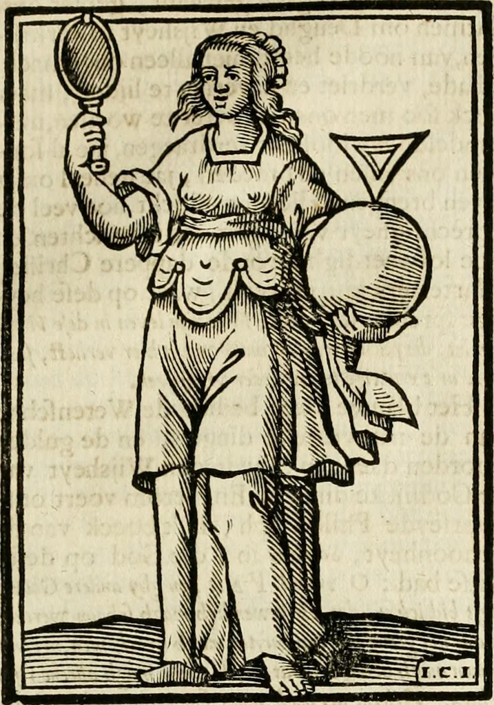 An illustration from Iconologia, of, Uytbeeldingen des verstands : waer in verscheiden afbeeldingen van deughden, ondeughden, genegentheden, menschlijcke hertztochten, konsten, leeringen, sinlijckheden, elementen, hemelsche lichamen, landschappen van Italien, revieren van alle deelen des werrelts, en alle andere ontallijcke stoffen, met hare verklaringen, werden verhandelt : een werck dat dienstigh is, allen reedenaers, poëten, schilders, beeldhouwers, teyckenaers, en alle andere konstbeminders en liefhebbers der geleertheyt en eerlijcke wetenschappen ..., 1644, leaf 632