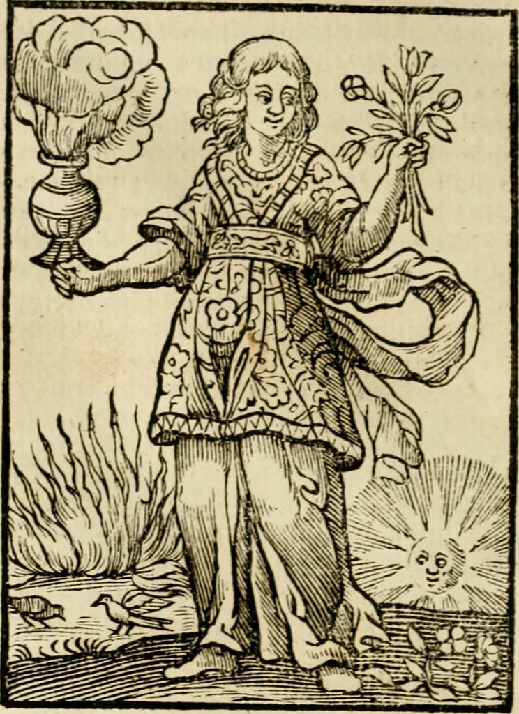 An illustration from Iconologia, of, Uytbeeldingen des verstands : waer in verscheiden afbeeldingen van deughden, ondeughden, genegentheden, menschlijcke hertztochten, konsten, leeringen, sinlijckheden, elementen, hemelsche lichamen, landschappen van Italien, revieren van alle deelen des werrelts, en alle andere ontallijcke stoffen, met hare verklaringen, werden verhandelt : een werck dat dienstigh is, allen reedenaers, poëten, schilders, beeldhouwers, teyckenaers, en alle andere konstbeminders en liefhebbers der geleertheyt en eerlijcke wetenschappen ..., 1644, leaf 645