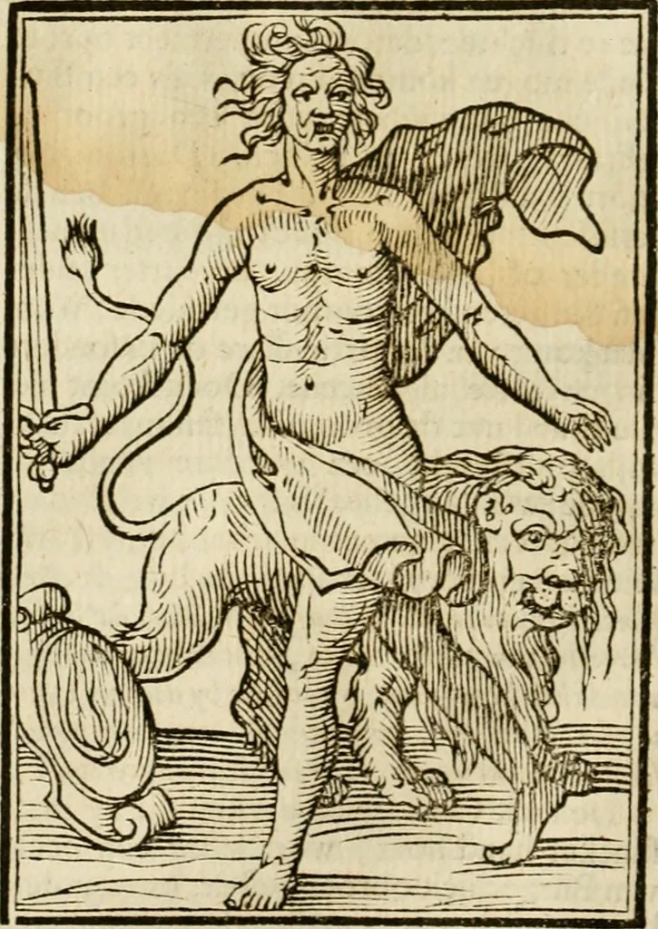 An illustration from Iconologia, of, Uytbeeldingen des verstands : waer in verscheiden afbeeldingen van deughden, ondeughden, genegentheden, menschlijcke hertztochten, konsten, leeringen, sinlijckheden, elementen, hemelsche lichamen, landschappen van Italien, revieren van alle deelen des werrelts, en alle andere ontallijcke stoffen, met hare verklaringen, werden verhandelt : een werck dat dienstigh is, allen reedenaers, poëten, schilders, beeldhouwers, teyckenaers, en alle andere konstbeminders en liefhebbers der geleertheyt en eerlijcke wetenschappen ..., 1644, leaf 95