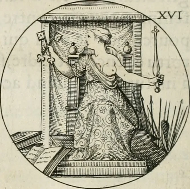 An illustration from Iconologie, ov, explication novvelle : de plvsievrs images, emblemes, et avtres figvres hyerogliphiques des vertus, des vices, des arts, des sciences, des causes naturelles, des humeurs differentes, & des passions humaines : oevvre necessaire a tovte sorte d'esprits, et particvlierement a cevx qvi aspirent ..., 1636, leaf 57
