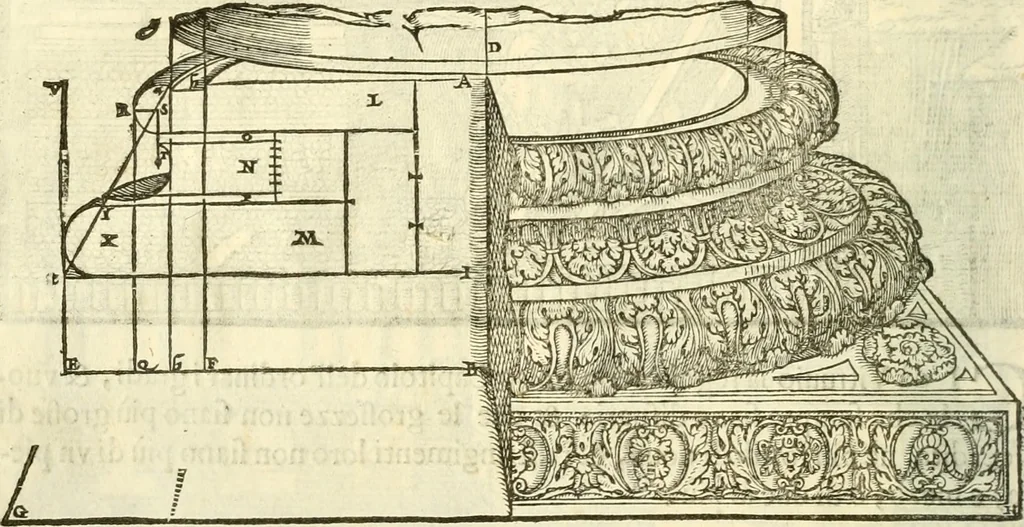 An illustration from I dieci libri d'architettvra, 1660, leaf 77