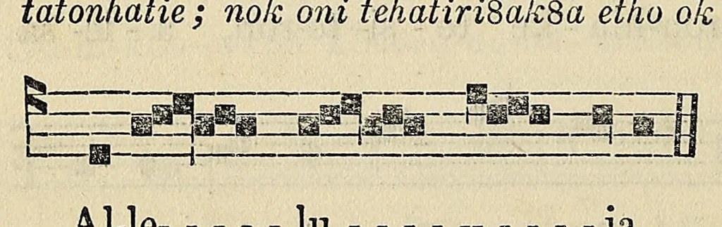 An illustration from Ienenrinekenstha kanesatakeha, ou, Processional Iroquois : à l'useage de la Mission du Lac des Deux Montagnes, 1864, leaf 46