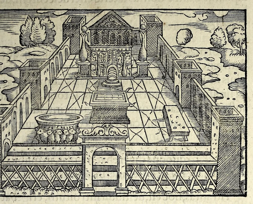 An illustration from Ierusalem, vetustissima illa et celeberrima totius mundi ciuitas : ex sacris literis et approbatis historicis ad unguem descripta : una cum orthodoxis figurae ac ueritatis explicationibus, iuxta scripturarum Veteris ac Noui Testamenti accuratam collationem : ac quaenam huius urbis, templique & omnium aliorum, tam intra quàm extra moenia locorum atque gestorum mystica sit repraesentatio : quid etiam peregrina propria nomina in tota passim histoira commemorata, signifcent at[que] denotent, 1563, leaf 195