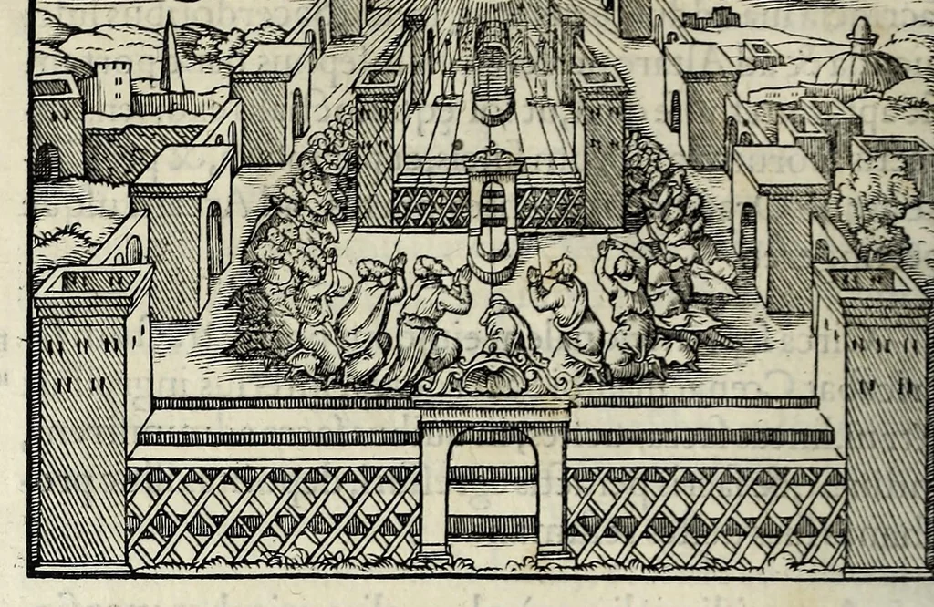 An illustration from Ierusalem, vetustissima illa et celeberrima totius mundi ciuitas : ex sacris literis et approbatis historicis ad unguem descripta : una cum orthodoxis figurae ac ueritatis explicationibus, iuxta scripturarum Veteris ac Noui Testamenti accuratam collationem : ac quaenam huius urbis, templique & omnium aliorum, tam intra quàm extra moenia locorum atque gestorum mystica sit repraesentatio : quid etiam peregrina propria nomina in tota passim histoira commemorata, signifcent at[que] denotent, 1563, leaf 198