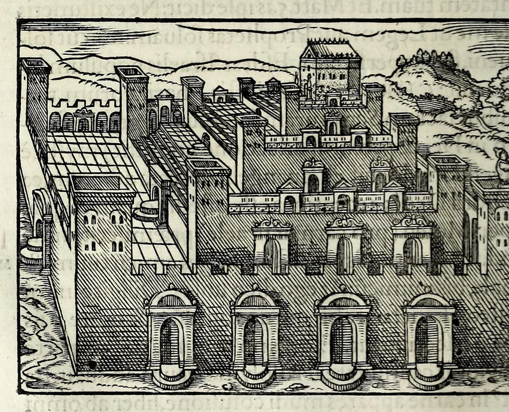 An illustration from Ierusalem, vetustissima illa et celeberrima totius mundi ciuitas : ex sacris literis et approbatis historicis ad unguem descripta : una cum orthodoxis figurae ac ueritatis explicationibus, iuxta scripturarum Veteris ac Noui Testamenti accuratam collationem : ac quaenam huius urbis, templique & omnium aliorum, tam intra quàm extra moenia locorum atque gestorum mystica sit repraesentatio : quid etiam peregrina propria nomina in tota passim histoira commemorata, signifcent at[que] denotent, 1563, leaf 344