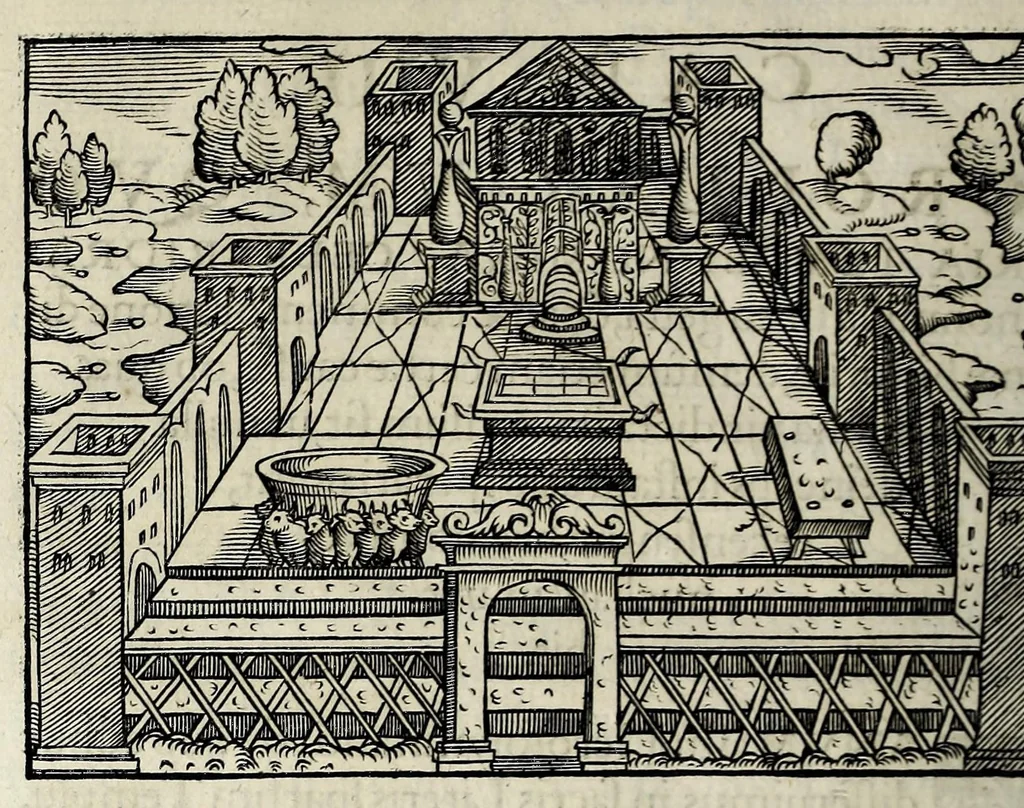 An illustration from Ierusalem, vetustissima illa et celeberrima totius mundi ciuitas : ex sacris literis et approbatis historicis ad unguem descripta : una cum orthodoxis figurae ac ueritatis explicationibus, iuxta scripturarum Veteris ac Noui Testamenti accuratam collationem : ac quaenam huius urbis, templique & omnium aliorum, tam intra quàm extra moenia locorum atque gestorum mystica sit repraesentatio : quid etiam peregrina propria nomina in tota passim histoira commemorata, signifcent at[que] denotent, 1563, leaf 352