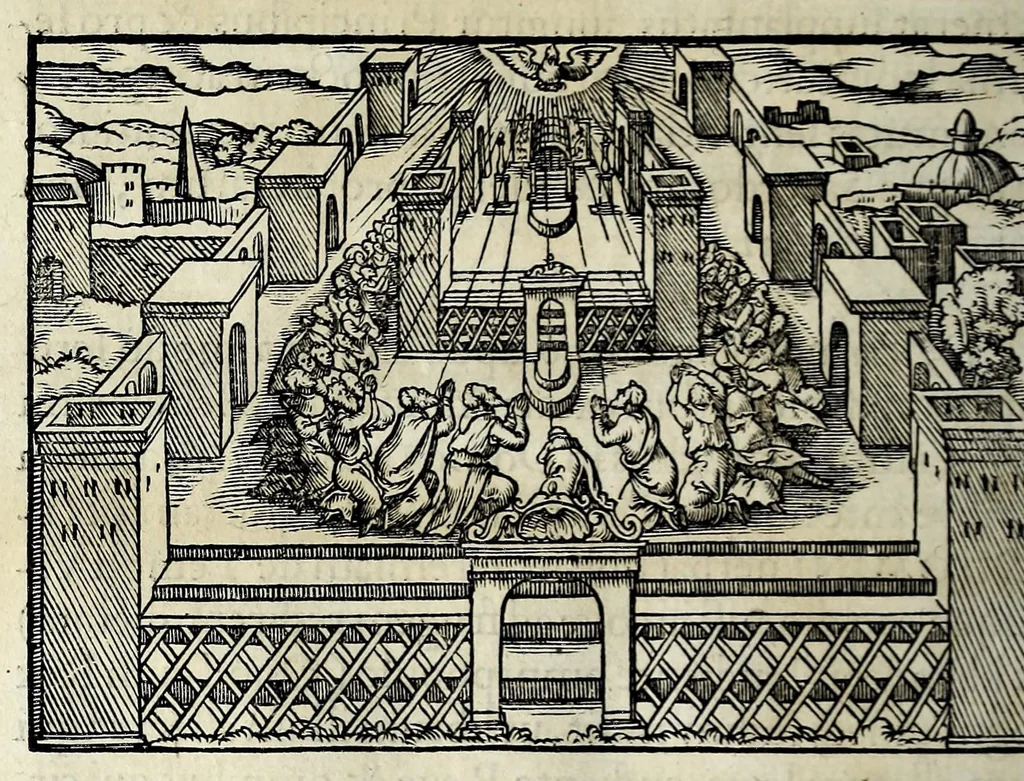 An illustration from Ierusalem, vetustissima illa et celeberrima totius mundi ciuitas : ex sacris literis et approbatis historicis ad unguem descripta : una cum orthodoxis figurae ac ueritatis explicationibus, iuxta scripturarum Veteris ac Noui Testamenti accuratam collationem : ac quaenam huius urbis, templique & omnium aliorum, tam intra quàm extra moenia locorum atque gestorum mystica sit repraesentatio : quid etiam peregrina propria nomina in tota passim histoira commemorata, signifcent at[que] denotent, 1563, leaf 362