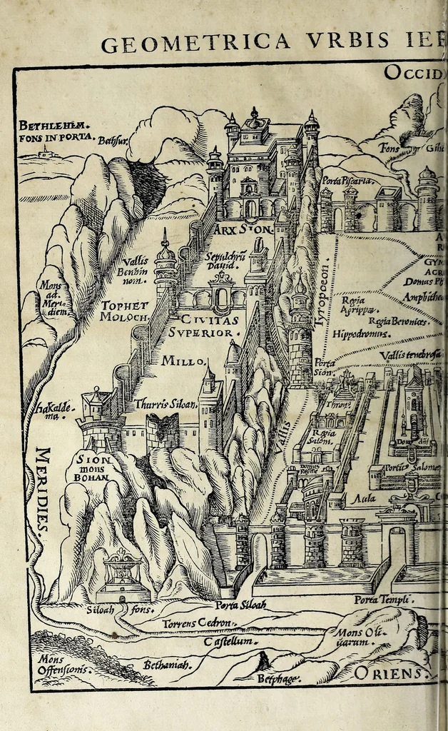 An illustration from Ierusalem, vetustissima illa et celeberrima totius mundi ciuitas : ex sacris literis et approbatis historicis ad unguem descripta : una cum orthodoxis figurae ac ueritatis explicationibus, iuxta scripturarum Veteris ac Noui Testamenti accuratam collationem : ac quaenam huius urbis, templique & omnium aliorum, tam intra quàm extra moenia locorum atque gestorum mystica sit repraesentatio : quid etiam peregrina propria nomina in tota passim histoira commemorata, signifcent at[que] denotent, 1563, leaf 46