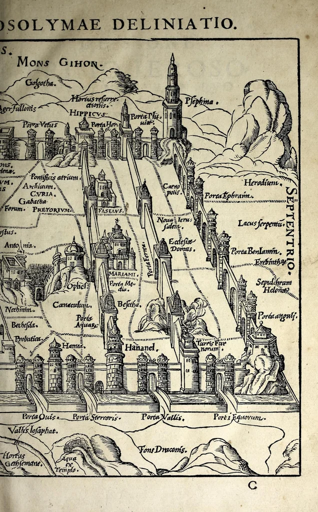 An illustration from Ierusalem, vetustissima illa et celeberrima totius mundi ciuitas : ex sacris literis et approbatis historicis ad unguem descripta : una cum orthodoxis figurae ac ueritatis explicationibus, iuxta scripturarum Veteris ac Noui Testamenti accuratam collationem : ac quaenam huius urbis, templique & omnium aliorum, tam intra quàm extra moenia locorum atque gestorum mystica sit repraesentatio : quid etiam peregrina propria nomina in tota passim histoira commemorata, signifcent at[que] denotent, 1563, leaf 47
