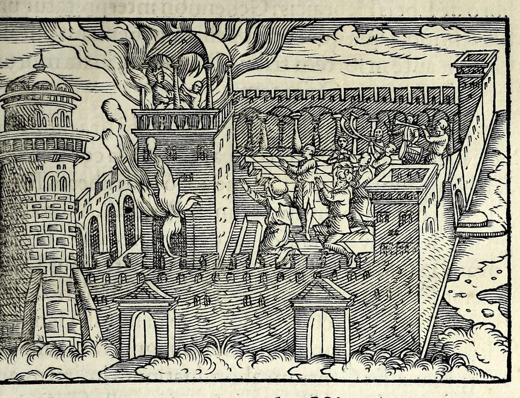 An illustration from Ierusalem, vetustissima illa et celeberrima totius mundi ciuitas : ex sacris literis et approbatis historicis ad unguem descripta : una cum orthodoxis figurae ac ueritatis explicationibus, iuxta scripturarum Veteris ac Noui Testamenti accuratam collationem : ac quaenam huius urbis, templique & omnium aliorum, tam intra quàm extra moenia locorum atque gestorum mystica sit repraesentatio : quid etiam peregrina propria nomina in tota passim histoira commemorata, signifcent at[que] denotent, 1563, leaf 539