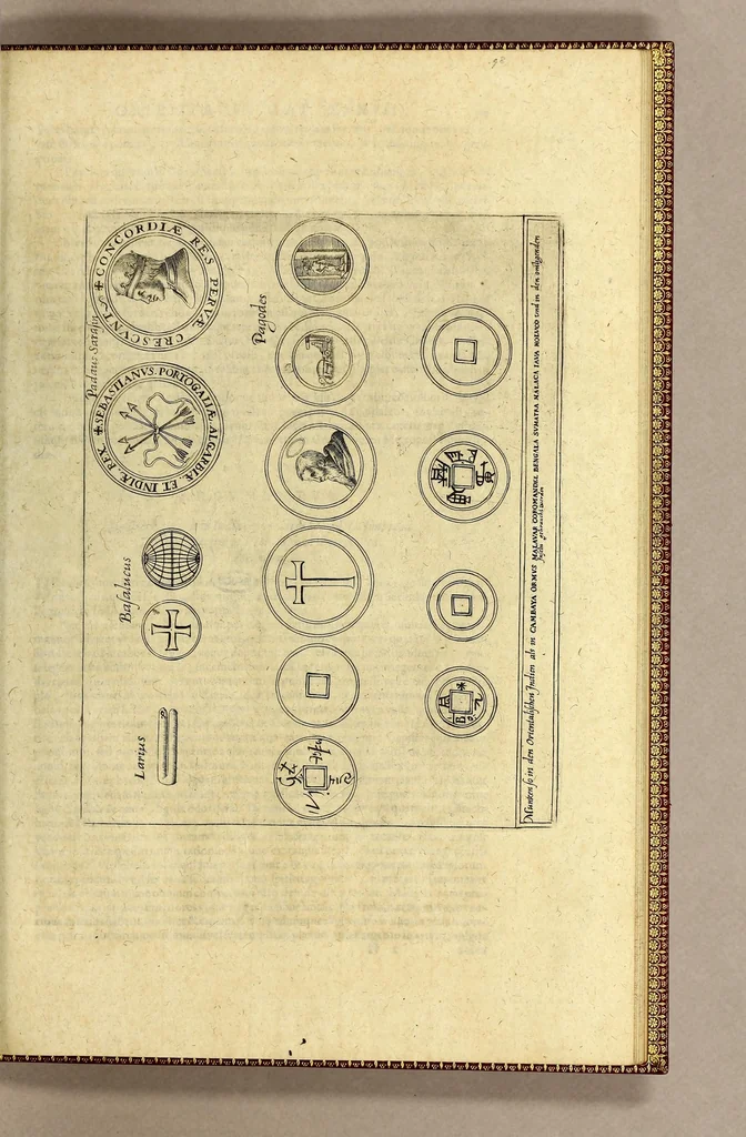 An illustration from II. Pars Indiae Orientalis, in qva Iohan. Hvgonis Lintscotani nauigatio in Orientem, item regna, littora, portus, flumina, apparentiae, habitus moresque Indorum & Lusitanorum pariter in Oriente degentium: praeterea merces, monetae, mensurae, & pondera, quae quibus in locis, quóve compendio prostent, accurate proponuntur., 1628, leaf 121