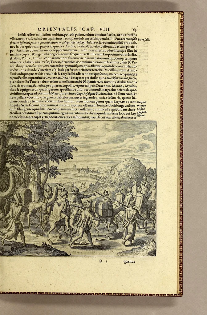 An illustration from II. Pars Indiae Orientalis, in qva Iohan. Hvgonis Lintscotani nauigatio in Orientem, item regna, littora, portus, flumina, apparentiae, habitus moresque Indorum & Lusitanorum pariter in Oriente degentium: praeterea merces, monetae, mensurae, & pondera, quae quibus in locis, quóve compendio prostent, accurate proponuntur., 1628, leaf 39