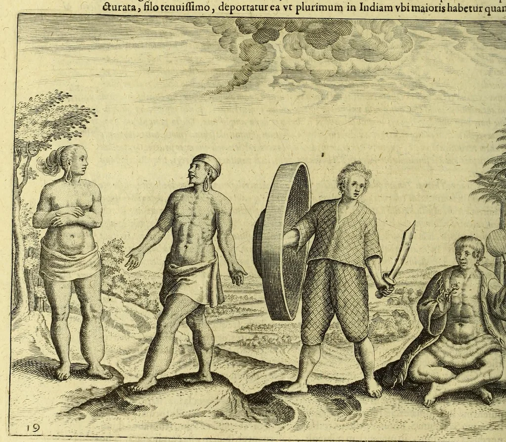 An illustration from II. Pars Indiae Orientalis, in qva Iohan. Hvgonis Lintscotani nauigatio in Orientem, item regna, littora, portus, flumina, apparentiae, habitus moresque Indorum & Lusitanorum pariter in Oriente degentium: praeterea merces, monetae, mensurae, & pondera, quae quibus in locis, quóve compendio prostent, accurate proponuntur., 1628, leaf 56