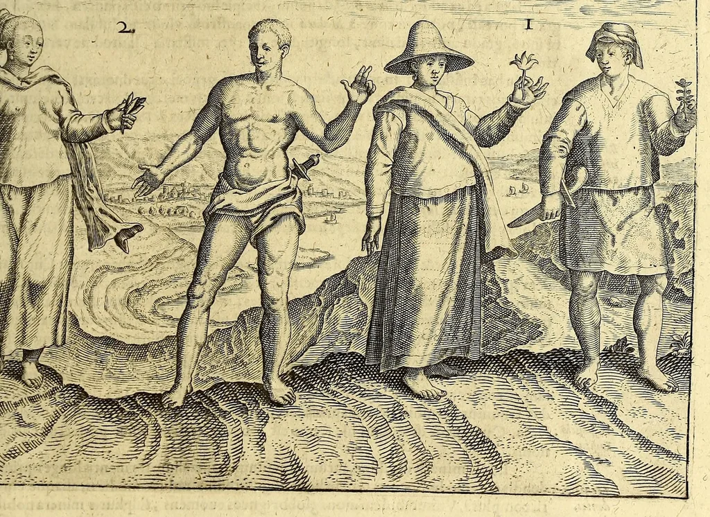 An illustration from II. Pars Indiae Orientalis, in qva Iohan. Hvgonis Lintscotani nauigatio in Orientem, item regna, littora, portus, flumina, apparentiae, habitus moresque Indorum & Lusitanorum pariter in Oriente degentium: praeterea merces, monetae, mensurae, & pondera, quae quibus in locis, quóve compendio prostent, accurate proponuntur., 1628, leaf 61