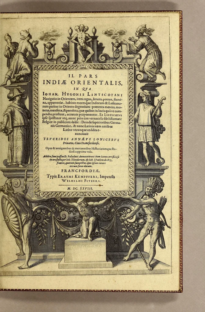 An illustration from II. Pars Indiae Orientalis, in qva Iohan. Hvgonis Lintscotani nauigatio in Orientem, item regna, littora, portus, flumina, apparentiae, habitus moresque Indorum & Lusitanorum pariter in Oriente degentium: praeterea merces, monetae, mensurae, & pondera, quae quibus in locis, quóve compendio prostent, accurate proponuntur., 1628, leaf 7