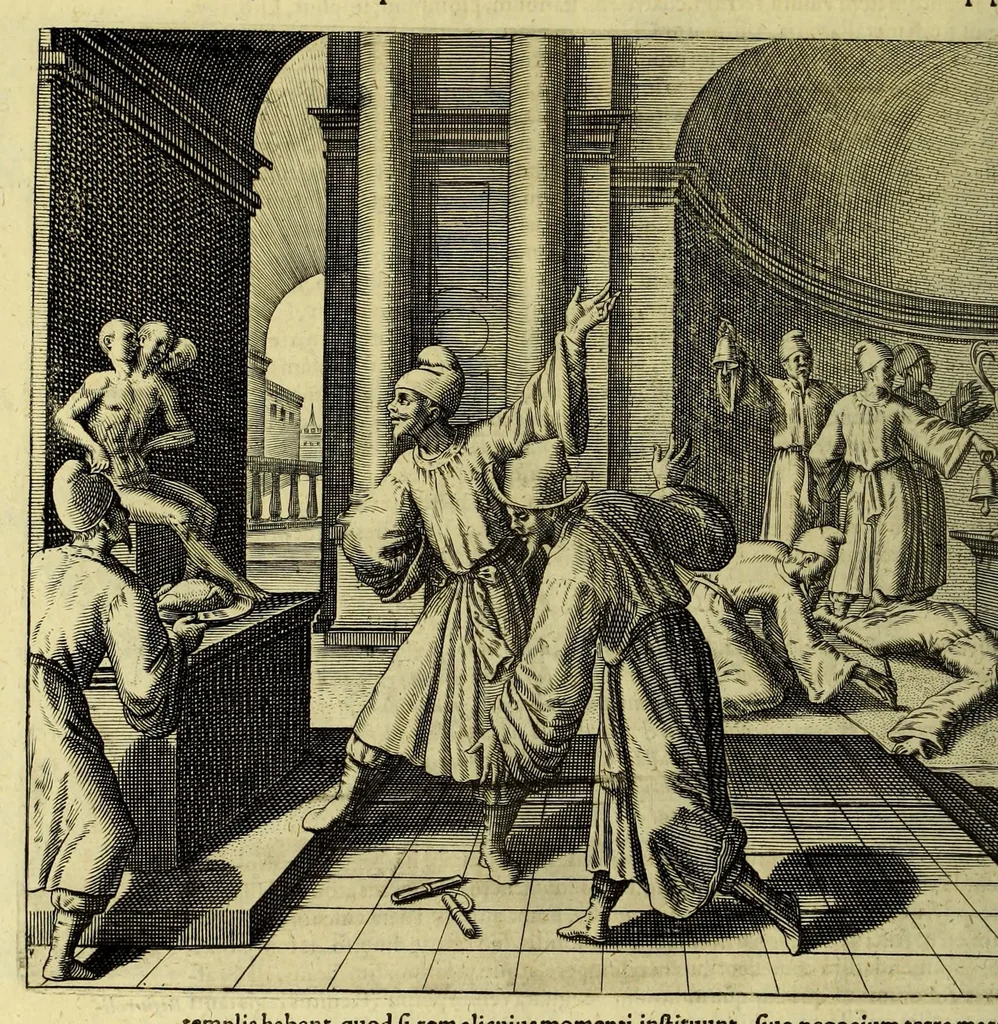 An illustration from II. Pars Indiae Orientalis, in qva Iohan. Hvgonis Lintscotani nauigatio in Orientem, item regna, littora, portus, flumina, apparentiae, habitus moresque Indorum & Lusitanorum pariter in Oriente degentium: praeterea merces, monetae, mensurae, & pondera, quae quibus in locis, quóve compendio prostent, accurate proponuntur., 1628, leaf 74