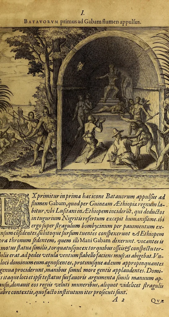 An illustration from II. Pars Indiae Orientalis, in qva Iohan. Hvgonis Lintscotani nauigatio in Orientem, item regna, littora, portus, flumina, apparentiae, habitus moresque Indorum & Lusitanorum pariter in Oriente degentium: praeterea merces, monetae, mensurae, & pondera, quae quibus in locis, quóve compendio prostent, accurate proponuntur., 1599, leaf 151