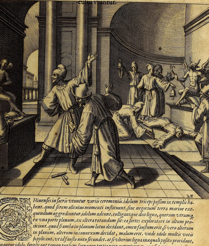 An illustration from II. Pars Indiae Orientalis, in qva Iohan. Hvgonis Lintscotani nauigatio in Orientem, item regna, littora, portus, flumina, apparentiae, habitus moresque Indorum & Lusitanorum pariter in Oriente degentium: praeterea merces, monetae, mensurae, & pondera, quae quibus in locis, quóve compendio prostent, accurate proponuntur., 1599, leaf 205