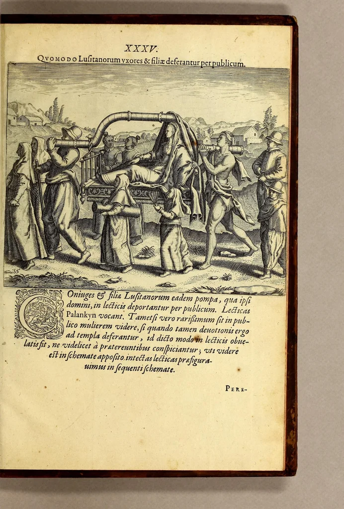 An illustration from II. Pars Indiae Orientalis, in qva Iohan. Hvgonis Lintscotani nauigatio in Orientem, item regna, littora, portus, flumina, apparentiae, habitus moresque Indorum & Lusitanorum pariter in Oriente degentium: praeterea merces, monetae, mensurae, & pondera, quae quibus in locis, quóve compendio prostent, accurate proponuntur., 1599, leaf 219