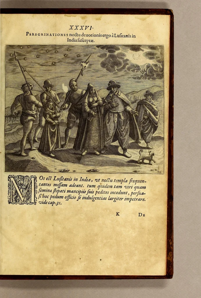 An illustration from II. Pars Indiae Orientalis, in qva Iohan. Hvgonis Lintscotani nauigatio in Orientem, item regna, littora, portus, flumina, apparentiae, habitus moresque Indorum & Lusitanorum pariter in Oriente degentium: praeterea merces, monetae, mensurae, & pondera, quae quibus in locis, quóve compendio prostent, accurate proponuntur., 1599, leaf 221