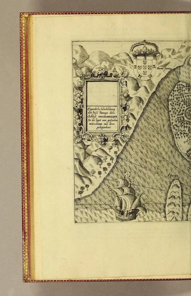 An illustration from II. Pars Indiae Orientalis, in qva Iohan. Hvgonis Lintscotani nauigatio in Orientem, item regna, littora, portus, flumina, apparentiae, habitus moresque Indorum & Lusitanorum pariter in Oriente degentium: praeterea merces, monetae, mensurae, & pondera, quae quibus in locis, quóve compendio prostent, accurate proponuntur., 1599, leaf 38