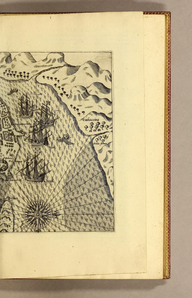 An illustration from II. Pars Indiae Orientalis, in qva Iohan. Hvgonis Lintscotani nauigatio in Orientem, item regna, littora, portus, flumina, apparentiae, habitus moresque Indorum & Lusitanorum pariter in Oriente degentium: praeterea merces, monetae, mensurae, & pondera, quae quibus in locis, quóve compendio prostent, accurate proponuntur., 1599, leaf 43