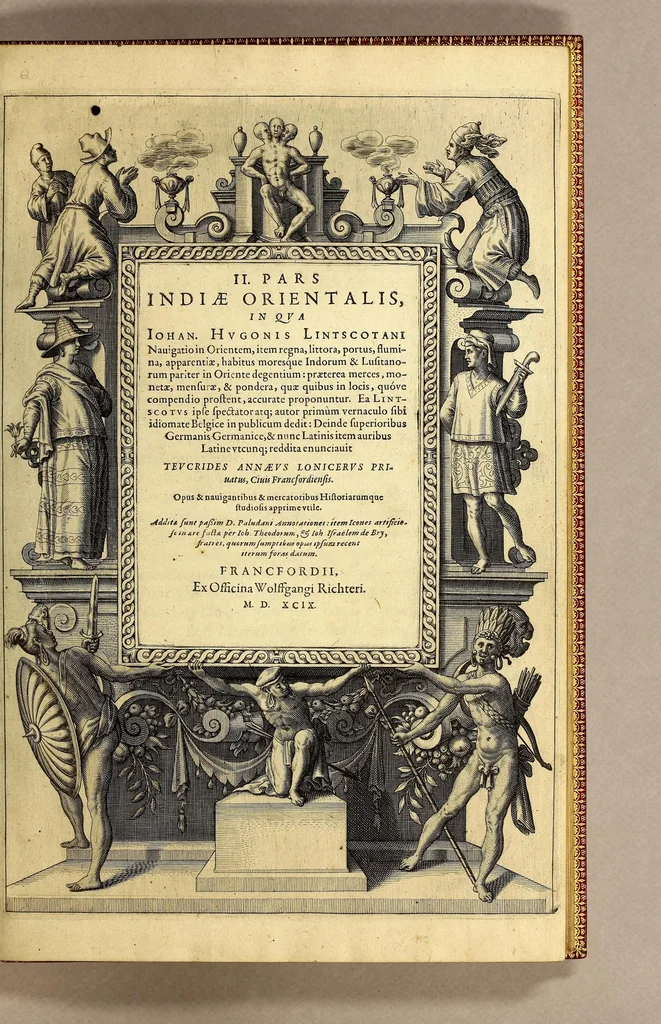 An illustration from II. Pars Indiae Orientalis, in qva Iohan. Hvgonis Lintscotani nauigatio in Orientem, item regna, littora, portus, flumina, apparentiae, habitus moresque Indorum & Lusitanorum pariter in Oriente degentium: praeterea merces, monetae, mensurae, & pondera, quae quibus in locis, quóve compendio prostent, accurate proponuntur., 1599, leaf 7