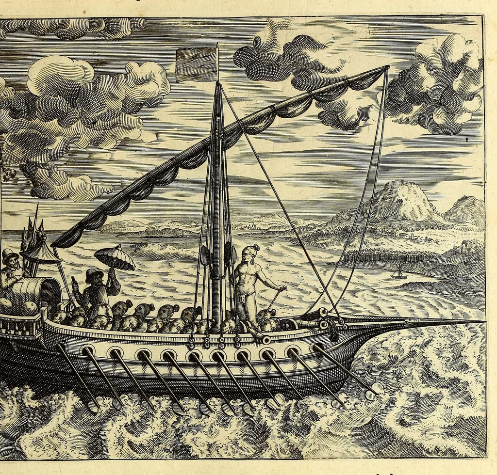 An illustration from II. Pars Indiae Orientalis, in qva Iohan. Hvgonis Lintscotani nauigatio in Orientem, item regna, littora, portus, flumina, apparentiae, habitus moresque Indorum & Lusitanorum pariter in Oriente degentium: praeterea merces, monetae, mensurae, & pondera, quae quibus in locis, quóve compendio prostent, accurate proponuntur., 1599, leaf 173