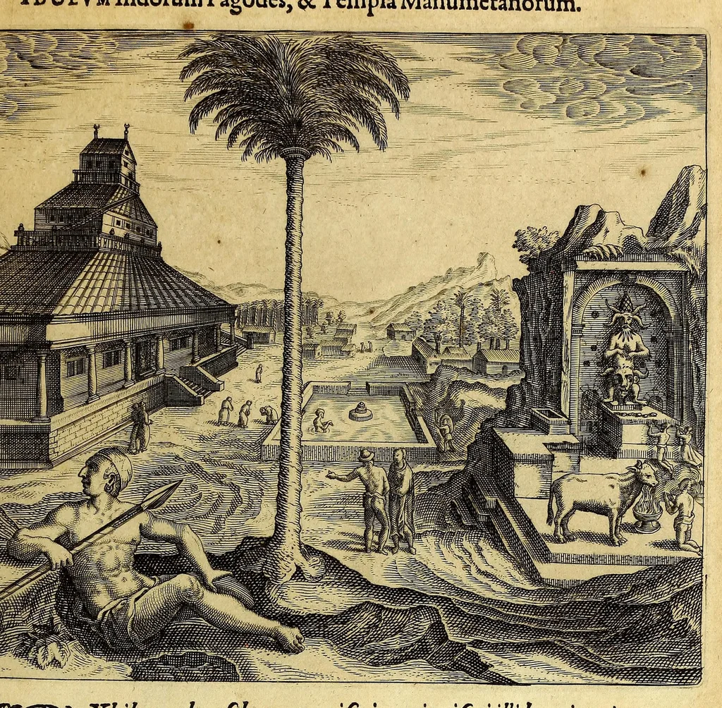 An illustration from II. Pars Indiae Orientalis, in qva Iohan. Hvgonis Lintscotani nauigatio in Orientem, item regna, littora, portus, flumina, apparentiae, habitus moresque Indorum & Lusitanorum pariter in Oriente degentium: praeterea merces, monetae, mensurae, & pondera, quae quibus in locis, quóve compendio prostent, accurate proponuntur., 1599, leaf 181