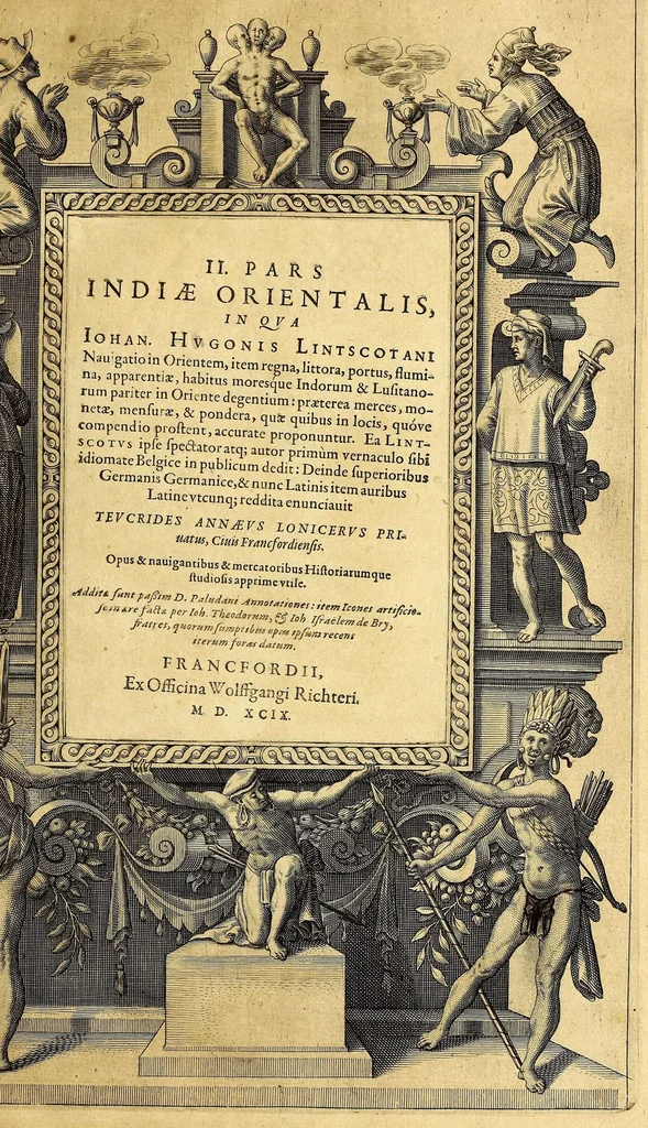 An illustration from II. Pars Indiae Orientalis, in qva Iohan. Hvgonis Lintscotani nauigatio in Orientem, item regna, littora, portus, flumina, apparentiae, habitus moresque Indorum & Lusitanorum pariter in Oriente degentium: praeterea merces, monetae, mensurae, & pondera, quae quibus in locis, quóve compendio prostent, accurate proponuntur., 1599, leaf 7