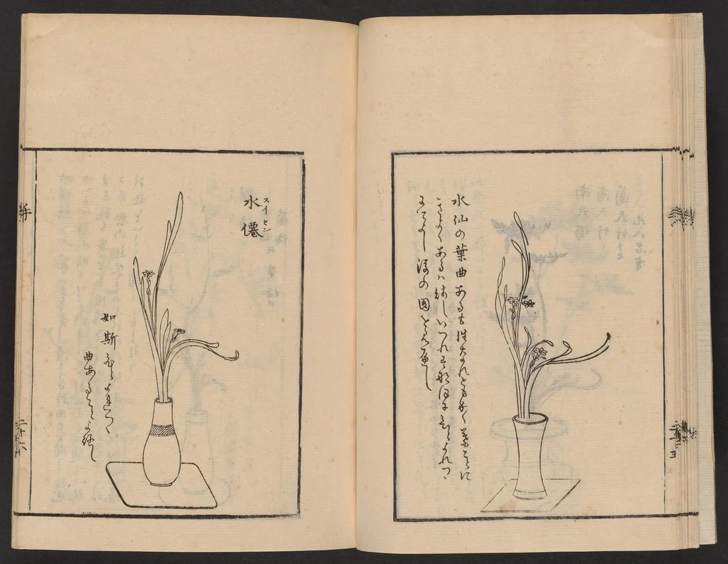 An illustration from Ikebana tebikigusa : Seizan Onke Goryū. Zenpen, 1868, leaf 27