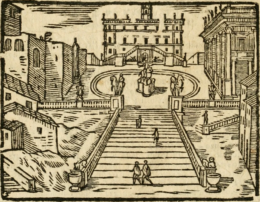 An illustration from Il Campidoglio trionfante in occasione della nobilissima caualcata fatta il dì 4. nouembre 1691 per l'eccellentissimo signor Ottauio Riari, marchese di Monte Peloso e senator di Bologna, nell'andar' a prenderui'l possesso della dignità di senator di Roma, conferitagli da nostro signore papa Innocenzo XII : colla descrizione dell'apparato fatto in Campidoglio, delle cirimonie praticate ne' palazzi, del Quirinale e dello stesso Campidoglio, e colla nota di tutte le particolarità attenenti à detta fonzione, 1691, leaf 11