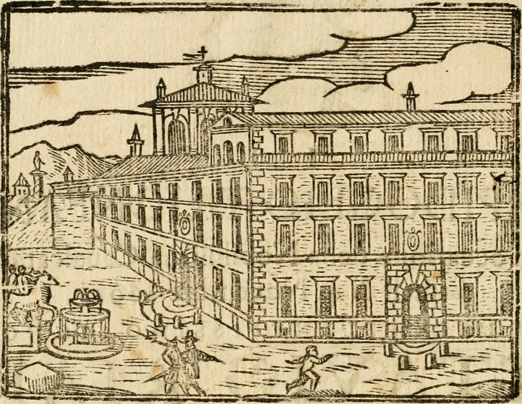 An illustration from Il Campidoglio trionfante in occasione della nobilissima caualcata fatta il dì 4. nouembre 1691 per l'eccellentissimo signor Ottauio Riari, marchese di Monte Peloso e senator di Bologna, nell'andar' a prenderui'l possesso della dignità di senator di Roma, conferitagli da nostro signore papa Innocenzo XII : colla descrizione dell'apparato fatto in Campidoglio, delle cirimonie praticate ne' palazzi, del Quirinale e dello stesso Campidoglio, e colla nota di tutte le particolarità attenenti à detta fonzione, 1691, leaf 5