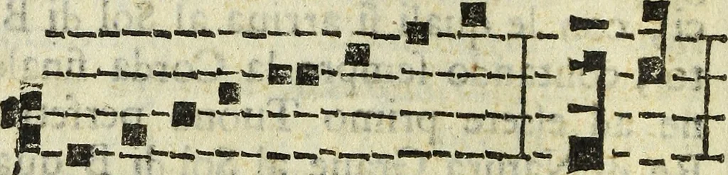 An illustration from Il cantore addottrinato, ovvero Regole del canto corale, oue con breue, e facil metodo s'insegna la practica de' precetti più necessari del canto fermo; il modo di mantenere il coro semprealla medesima altezza di voce; di ripigliare doue resta l'organo; d'intonare molte cose, che frà l'anno si cantano; e in particolare tutti gl'inni, 1682, leaf 121
