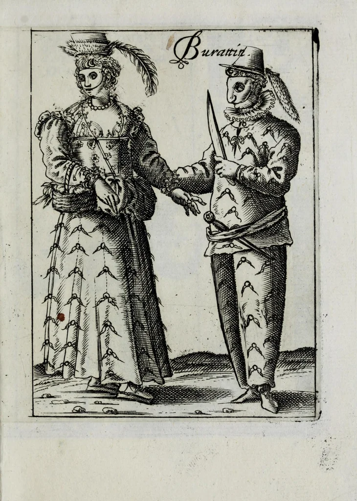 An illustration from Il carnevale italiano mascherato : que si veggono in figura varie inuentione de capritii, 1642, leaf 19