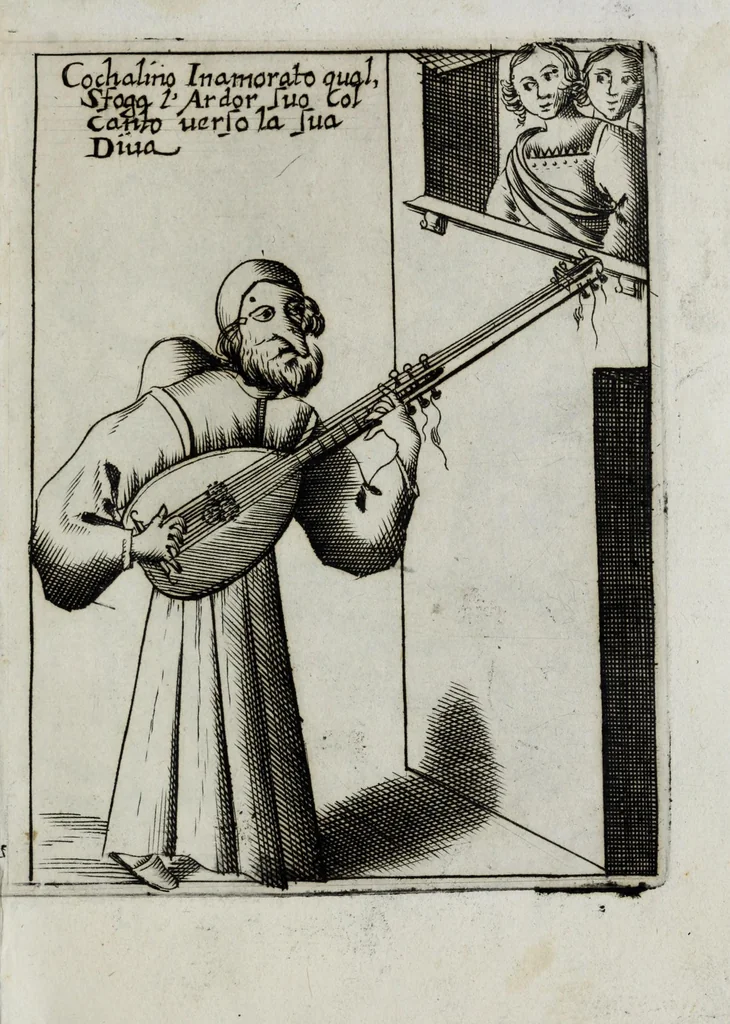 An illustration from Il carnevale italiano mascherato : que si veggono in figura varie inuentione de capritii, 1642, leaf 21