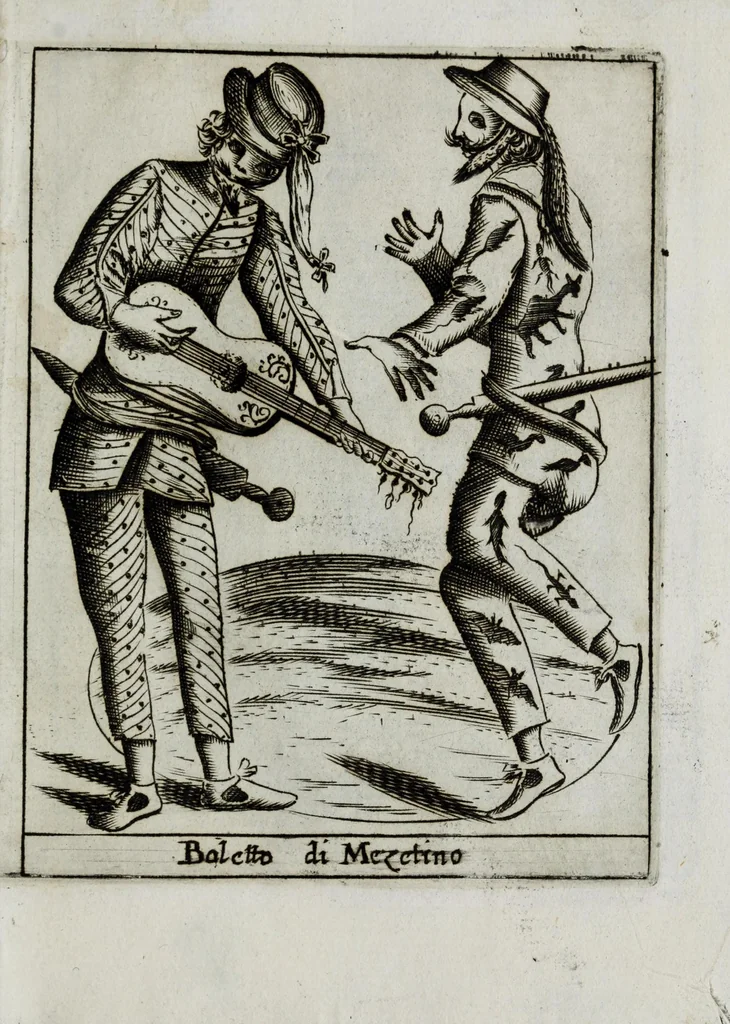 An illustration from Il carnevale italiano mascherato : que si veggono in figura varie inuentione de capritii, 1642, leaf 23