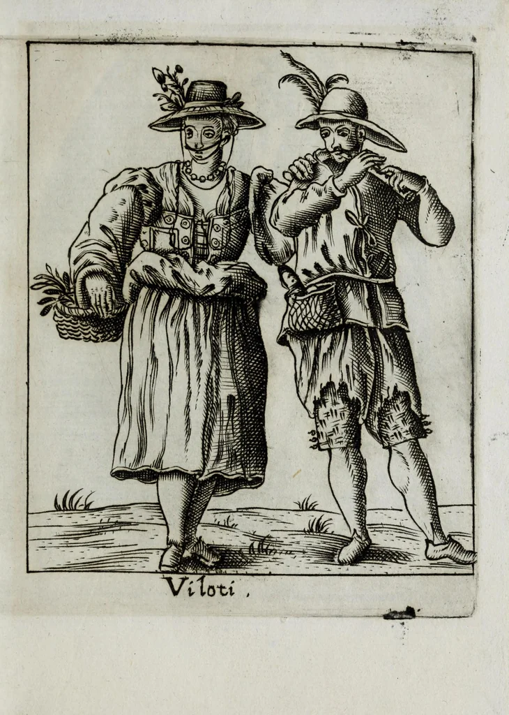 An illustration from Il carnevale italiano mascherato : que si veggono in figura varie inuentione de capritii, 1642, leaf 25