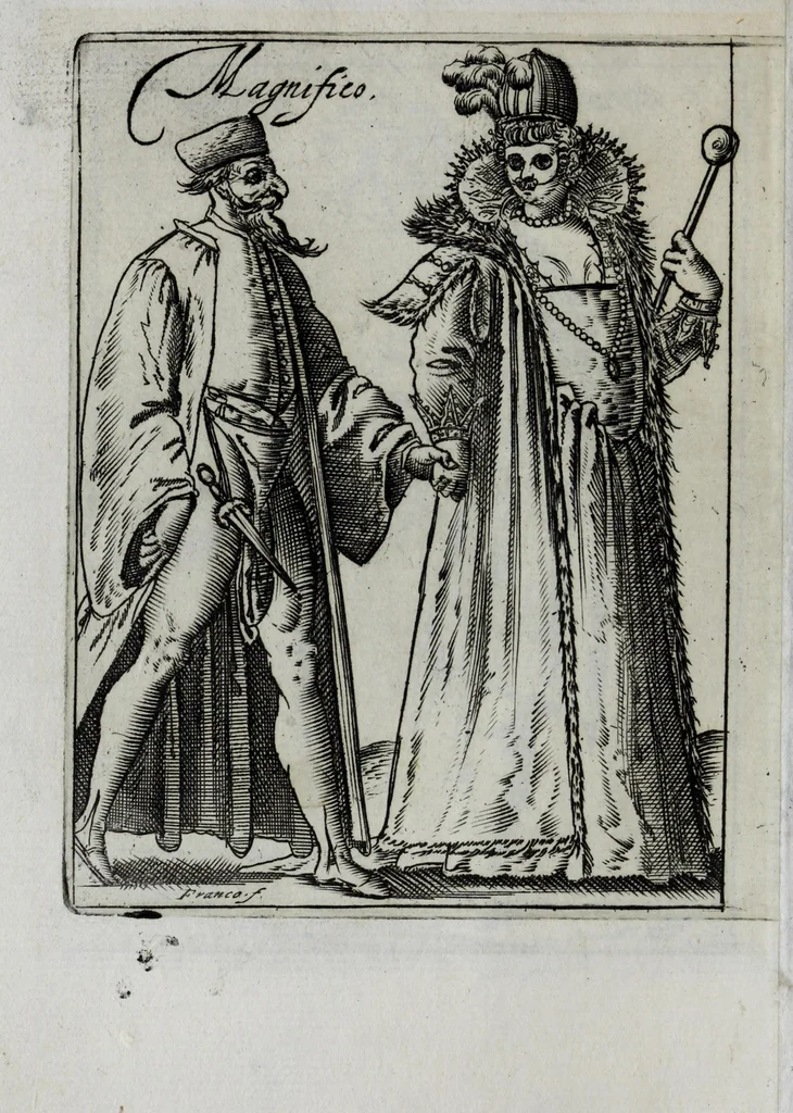 An illustration from Il carnevale italiano mascherato : que si veggono in figura varie inuentione de capritii, 1642, leaf 36