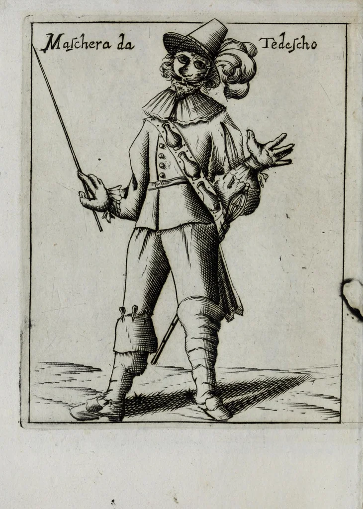An illustration from Il carnevale italiano mascherato : que si veggono in figura varie inuentione de capritii, 1642, leaf 40
