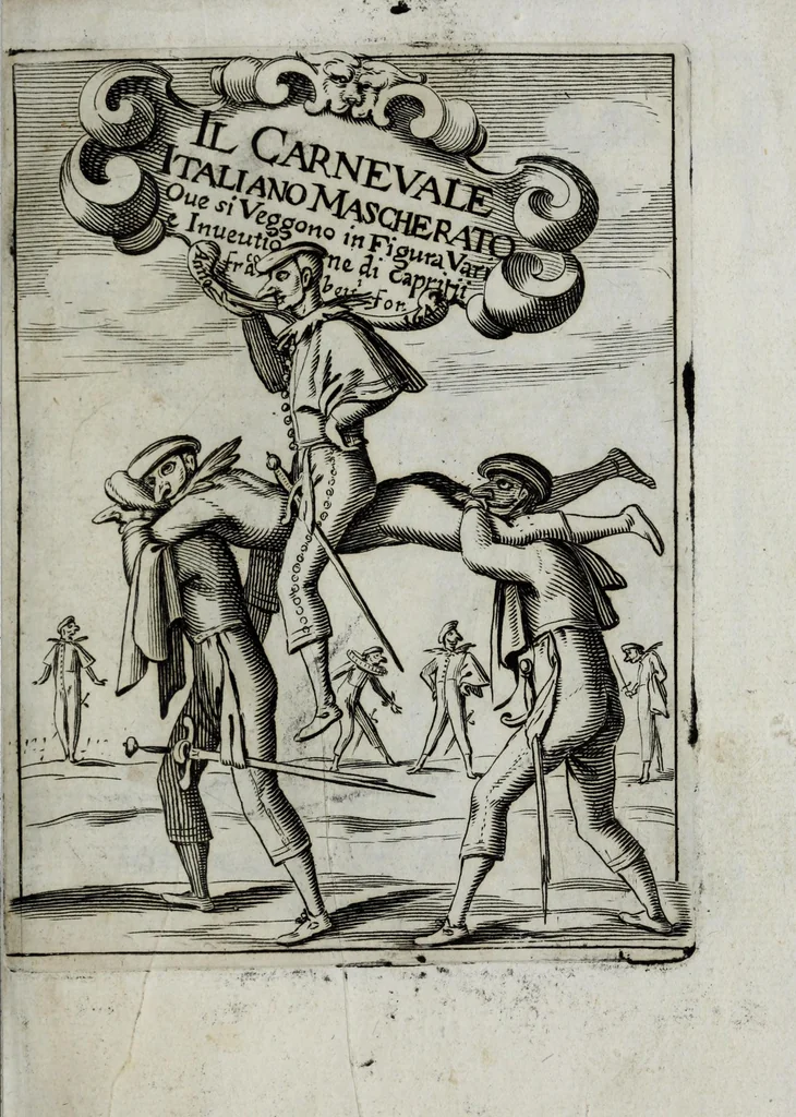 An illustration from Il carnevale italiano mascherato : que si veggono in figura varie inuentione de capritii, 1642, leaf 5
