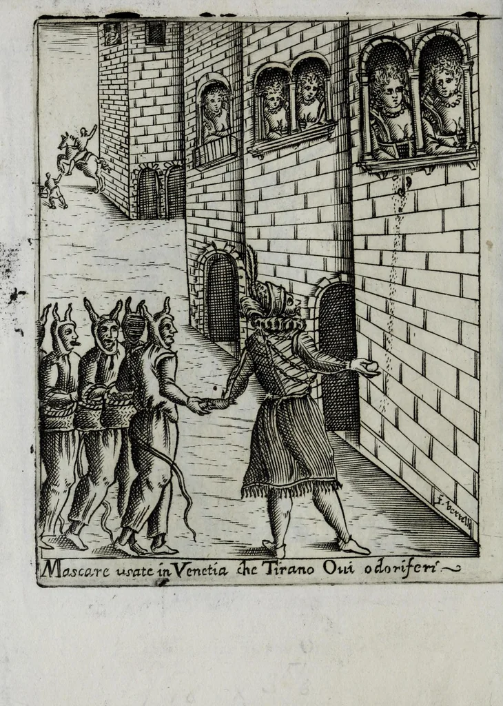An illustration from Il carnevale italiano mascherato : que si veggono in figura varie inuentione de capritii, 1642, leaf 52