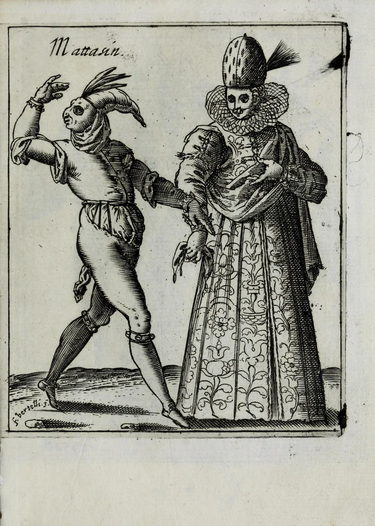 An illustration from Il carnevale italiano mascherato : que si veggono in figura varie inuentione de capritii, 1642, leaf 7