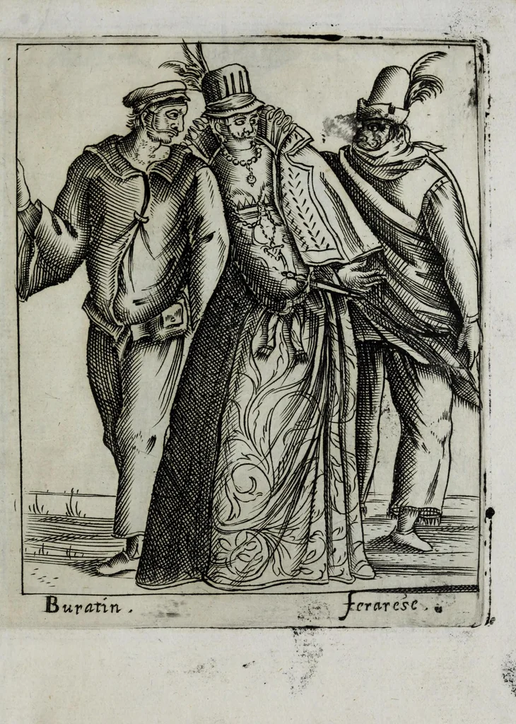 An illustration from Il carnevale italiano mascherato : que si veggono in figura varie inuentione de capritii, 1642, leaf 9