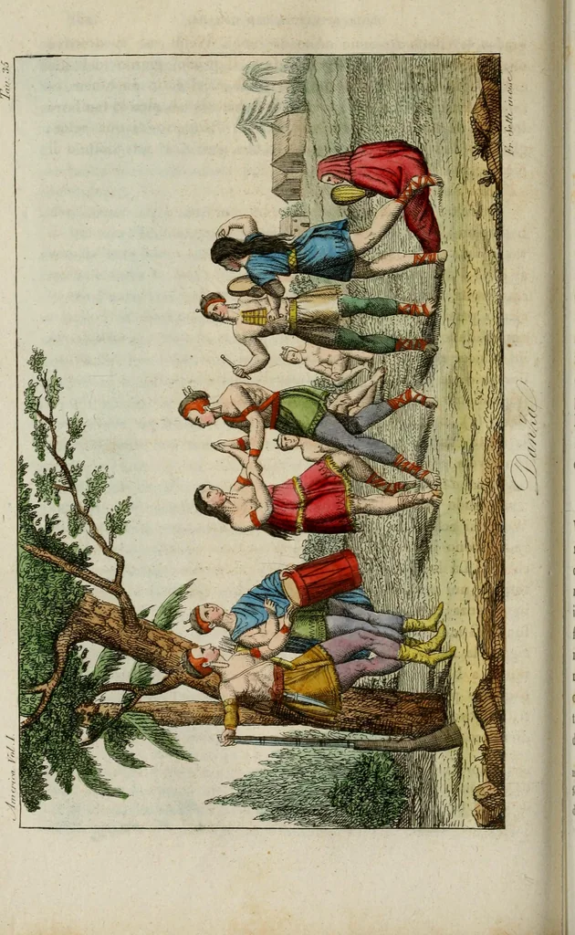 An illustration from Il costume antico e moderno, o, storia del governo, della milizia, della religione, delle arti, scienze ed usanze di tutti i popoli antichi e moderni, provata coi monumenti dell'antichità e rappresentata cogli analoghi disegni dal dottor Giulio Ferrario : America, 1826, leaf 387